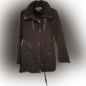 Michael Kors Sz Large Dark Navy Removable Belted Coat zipper/snaps & hidden hood